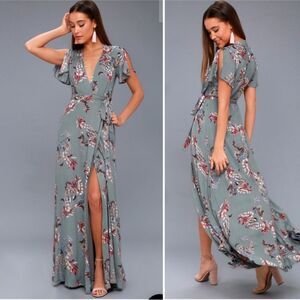 Lulus Fiorire Floral Maxi Wrap Dress Blue Gray Size Extra Large